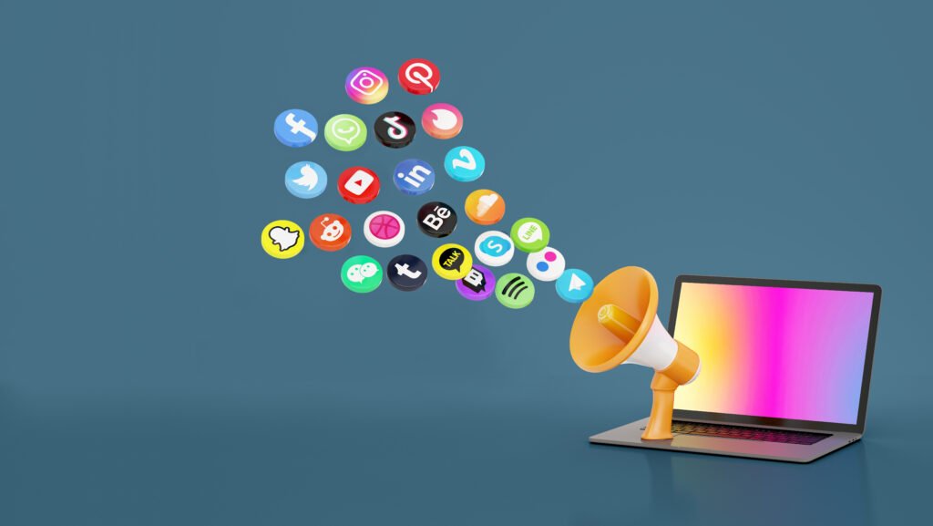 social media marketing digital marketing 3d icons megaphone laptop with blue color background 1024x577 1